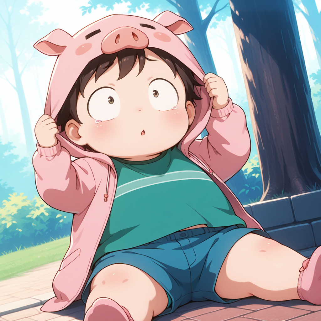 deep contrast, luminous lighting, cinematic ambiance, best quality, colorful, masterpiece, detailed_background, (sanpaku) BREAK <lora:haruhi-v2-10:0.9>, (awaritah), 1boy, toddler, plump:0.2, green t-shirt, blue shorts, outdoors, sitting, dynamic pose, dynamic angle, hood up, jacket pig costume, holding_hood, nervous, parted lips, tears,