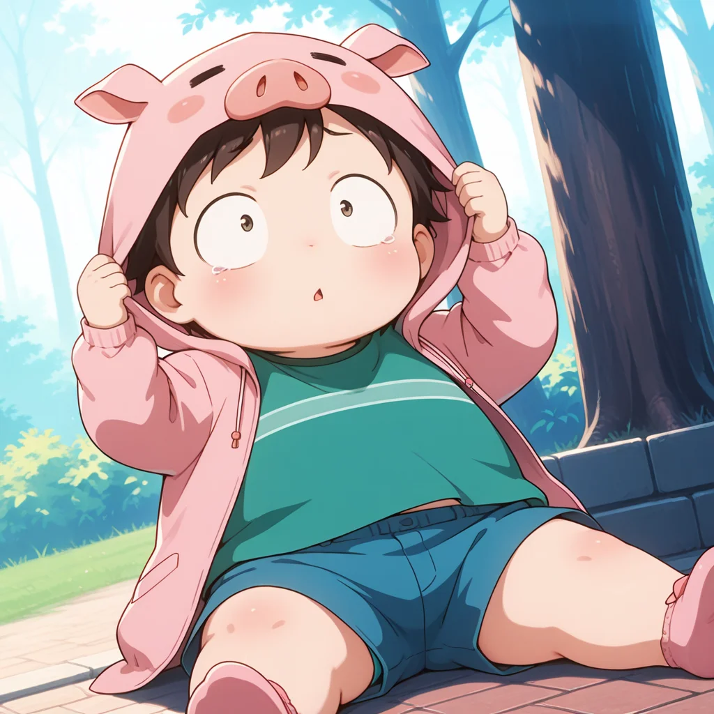 deep contrast, luminous lighting, cinematic ambiance, best quality, colorful, masterpiece, detailed_background, (sanpaku) BREAK <lora:haruhi-v2-10:0.9>, (awaritah), 1boy, toddler, plump:0.2, green t-shirt, blue shorts, outdoors, sitting, dynamic pose, dynamic angle, hood up, jacket pig costume, holding_hood, nervous, parted lips, tears,