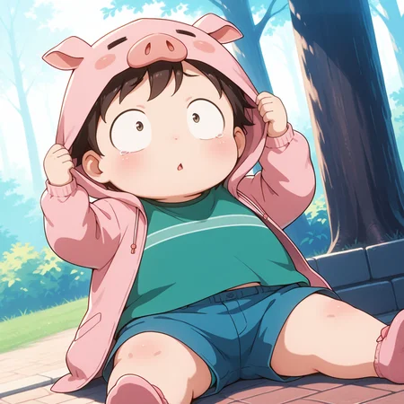 deep contrast, luminous lighting, cinematic ambiance, best quality, colorful, masterpiece, detailed_background, (sanpaku) BREAK <lora:haruhi-v2-10:0.9>, (awaritah), 1boy, toddler, plump:0.2, green t-shirt, blue shorts, outdoors, sitting, dynamic pose, dynamic angle, hood up, jacket pig costume, holding_hood, nervous, parted lips, tears,