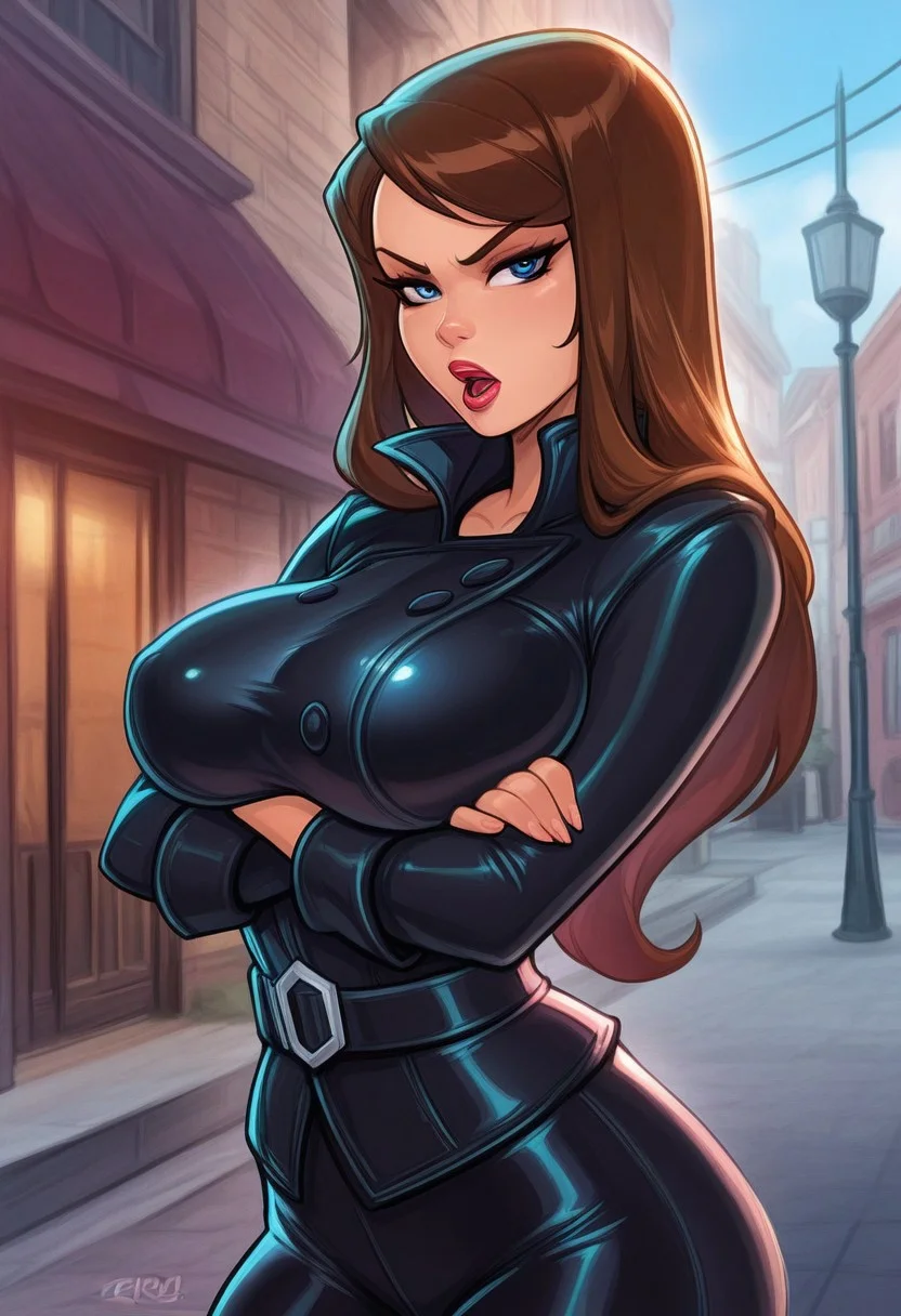 Masterpiece, realistic, reiq_styleil, sexy body, solo, hot body, Big boobs, outdoors, streets, VanessaXLP, brown hair, long hair, blue eyes, lipstick,black coat, belt, buttons, black pants,Open mouth, serious, looking at viewer, arms crossed under boobs