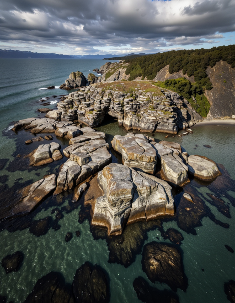 By Maria Isabel Ruiz. A photo-realistic landscape photograph from a bird's eye view about a rocky coastline with a small cave in the middle, set against a cloudy sky and distant mountains in the distance. the image also shows vast expanse of water, rocky formations, and green vegetation along the shoreline. on the left side of the image, the rocky formations appear to be pancake rocks, with the ocean stretching out in front of them, and the sky is filled with dark, ominous clouds. the water is calm and clear, with a few small waves lapping against the shore. in the background, the distant mountains are visible, adding a sense of depth and perspective to the scene. the overall mood is dramatic and dramatic, with dramatic lighting that highlights the rugged texture of the rocks.