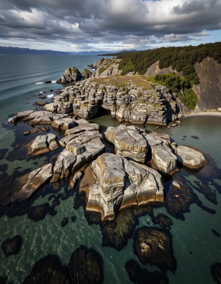 By Maria Isabel Ruiz. A photo-realistic landscape photograph from a bird's eye view about a rocky coastline with a small cave in the middle, set against a cloudy sky and distant mountains in the distance. the image also shows vast expanse of water, rocky formations, and green vegetation along the shoreline. on the left side of the image, the rocky formations appear to be pancake rocks, with the ocean stretching out in front of them, and the sky is filled with dark, ominous clouds. the water is calm and clear, with a few small waves lapping against the shore. in the background, the distant mountains are visible, adding a sense of depth and perspective to the scene. the overall mood is dramatic and dramatic, with dramatic lighting that highlights the rugged texture of the rocks.