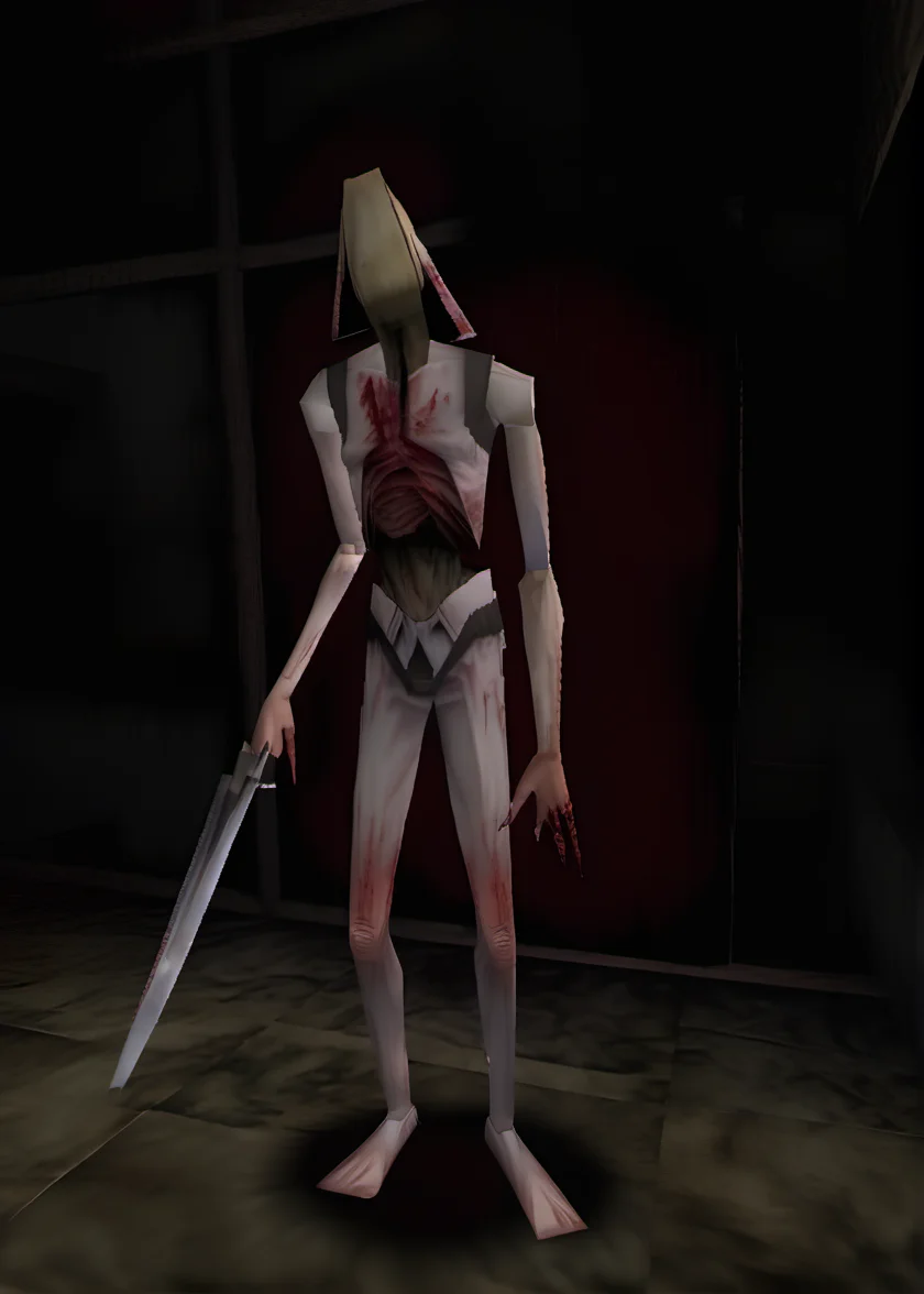 pyramid head, silent hill, horror, (ps1 style:1), <lora:ps1_style_SDXL_v1:1>, (game screenshot), (computer generated image)
