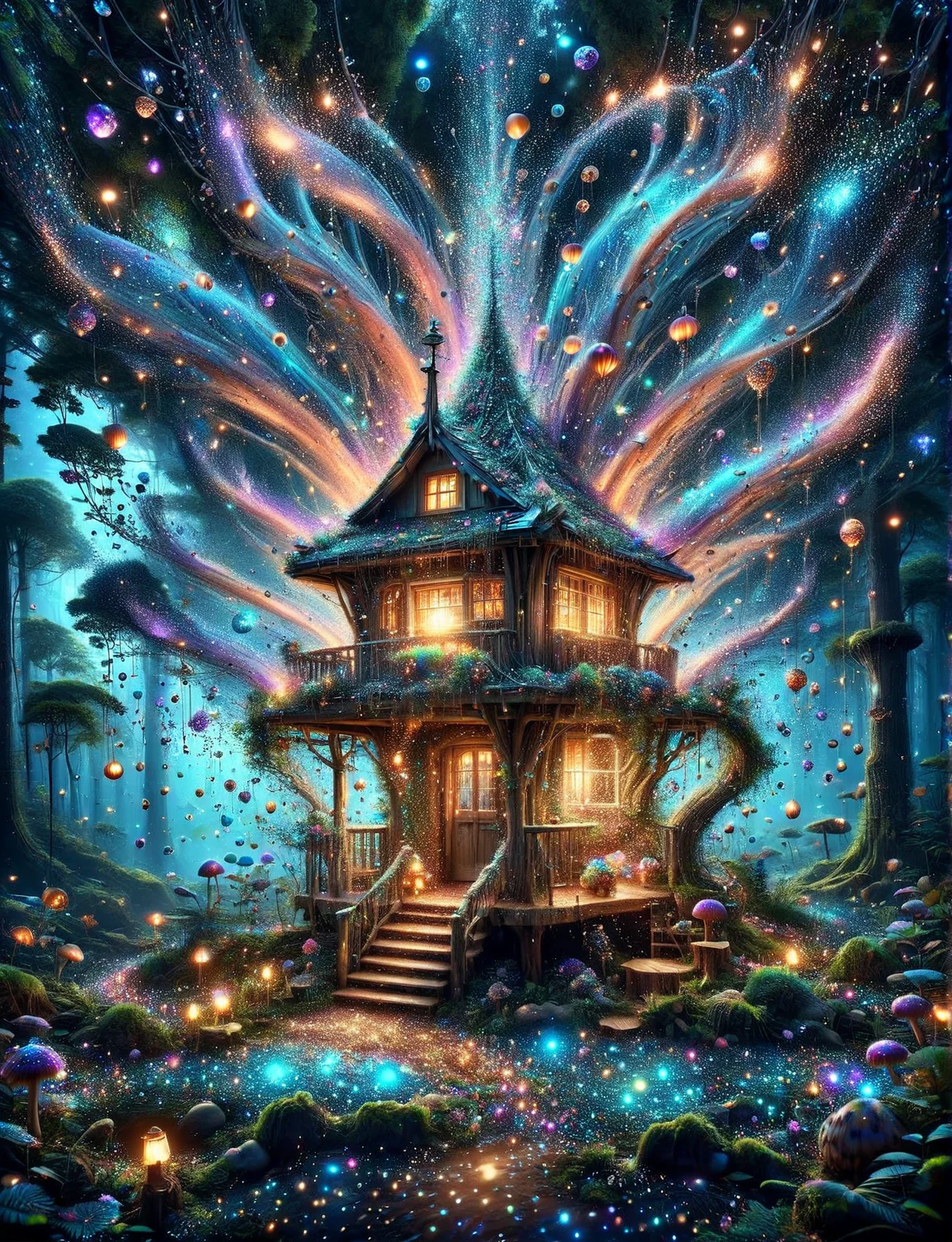 A ais-glttrbmb whimsical treehouse, hidden among bioluminescent mushrooms and fairy lanterns, in a forest where magic whispers through the leaves <lora:ais-glttrbmb-sdxl:1>