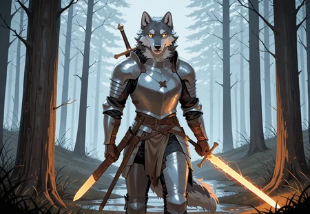wolf, anthro, armor, holding item, sword, glowing sword, medieval forest, masterpiece, best quality, high quality, absurdres, highres, incredibly absurdres, newest, amazing quality