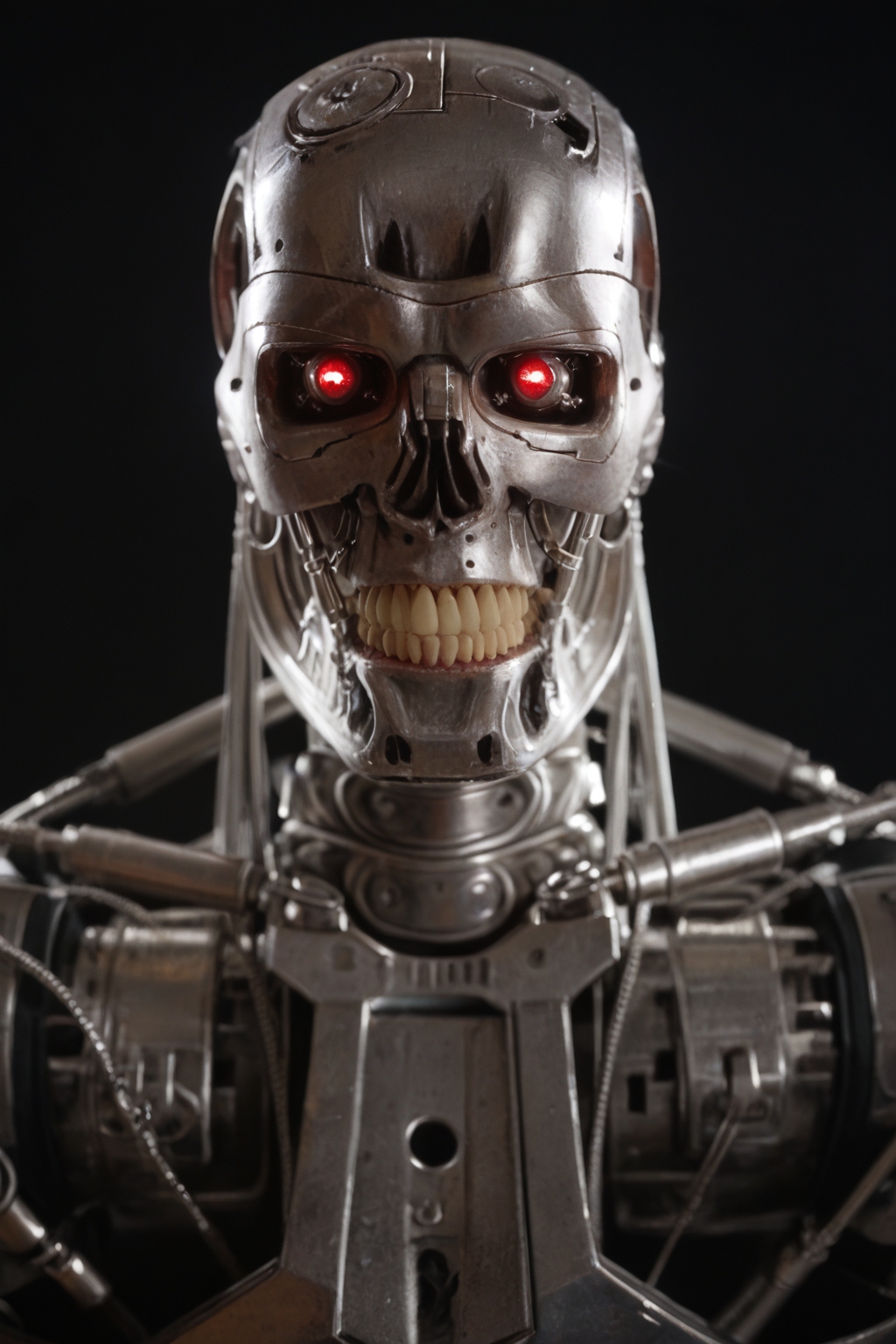 T800_Endo, Terminator robot, score_9, score_8_up, score_7_up, (source_IRL, source_movie), cinematic, realistic, masterpiece, high quality, highres RAW photo, ((close-up shot, close-up head shot, front view))
a T800_Endo Terminator Robot with red eyes, he is made of metal, he is made of shiny chrome metal, new, clean, <lora:T800_Endo_Terminator_Pony-000010:1>
(standing)
black background
dynamic lighting, highly detailed, intricate details