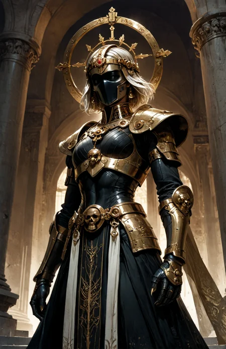 score_9, score_8_up, score_7_up, score_6_up,
cinematic film still, A highly detailed, stylized figure with an androgynous form, standing in a dynamic, forward-leaning pose. Clad in intricate white and black armor, both elegant and menacing, the segmented plates have sharp, angular edges and an organic, bone-metal texture. A sleek, black helmet crowned by a golden halo gives the figure an otherworldly, angelic presence. set against ancient temple with pillars, the color palette contrasts white, black, and gold. The figureâs raised right hand reveals sharp black claws, exuding power and an ethereal mix of fantasy and sci-fi, shallow depth of field, vignette, highly detailed, moody, epic, gorgeous, film grain, grainy, <lora:FluxDFaeTasticDetails:0.5>
detailxl_xl, <lora:add-detail-xl:0.8>, <lora:sinfully_stylish_SDKL:0.8>, <lora:Fant5yP0ny:0.8>, <lora:aesthetic_anime_v1s:0.8>