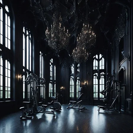 <lyco:Gothic_style_interior_design_Sa_May:1.0> Gothic style interior design of fitness