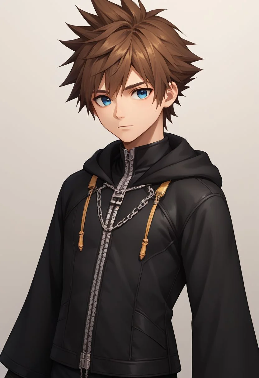 score_9, score_8_up, source_anime, highly detailed, upper body,
sora, 1boy, solo, brown hair, blue eyes, spiked hair, zipper, black footwear, hood, long sleeves, gloves, black pants, upper body,