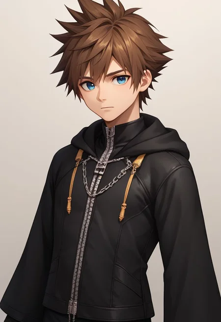 score_9, score_8_up, source_anime, highly detailed, upper body,
sora, 1boy, solo, brown hair, blue eyes, spiked hair, zipper, black footwear, hood, long sleeves, gloves, black pants, upper body,