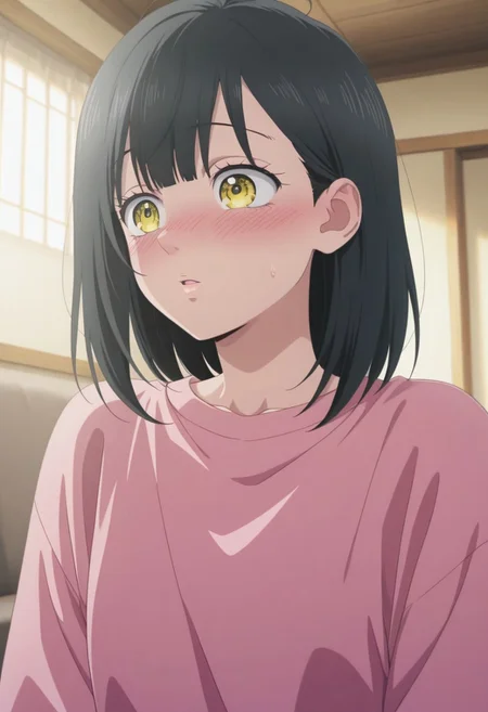 masterpiece,best quality,amazing quality, ishimori uka, black hair, yellow eyes, medium hair, 1girl, blush, solo, pink shirt, shirt, indoors, upper body, parted lips
