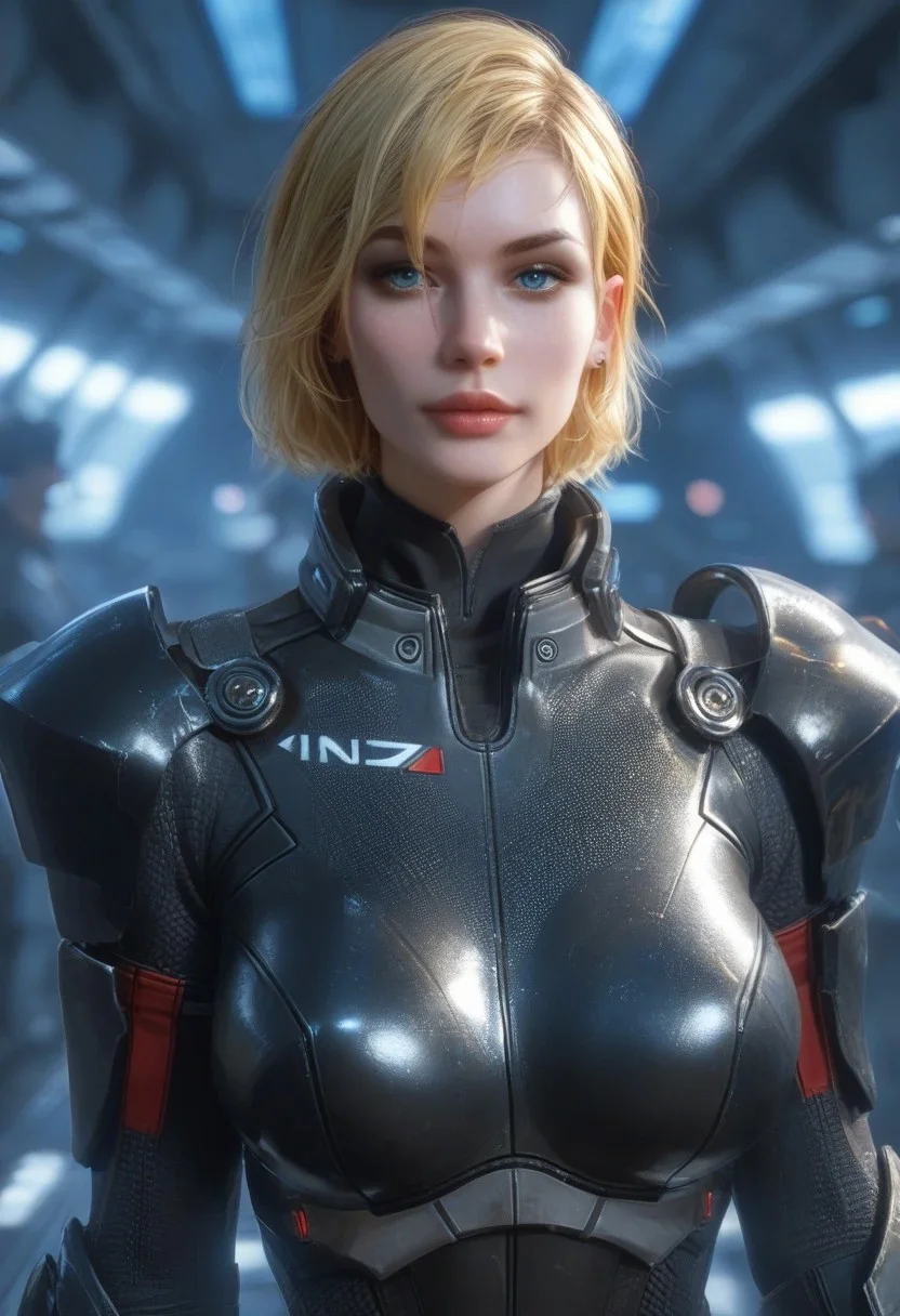 score_9, score_8_up, score_7_up, score_6_up, score_5_up, 1girl, blonde hair, bobcut, blue eyes, busty, seductive smile, looking at the viewer, Expressiveh, realistic, femshepxl, black power armor, N7, bodysuit, armor, alone, clean spaceship, futuristic
