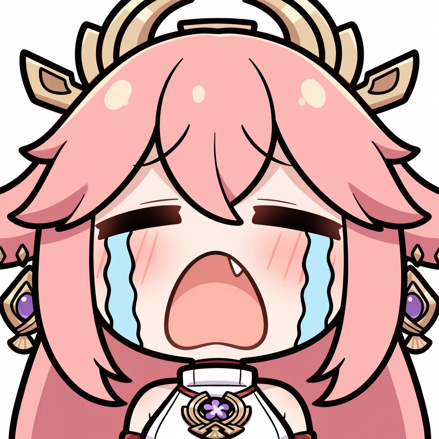 masterpiece, best quality, good quality,
uohhhhhhhhh! \(meme\), streaming tears, tongue, crying, meme, =_=, open mouth, tears,
yae miko, 1girl, solo, long hair, breasts, blush, simple background, hair ornament, white background, animal ears, hair between eyes, jewelry, bare shoulders, white shirt, upper body, pink hair, sidelocks, earrings, detached sleeves, japanese clothes, fang, chibi, fox ears, transparent background, facing viewer, nontraditional miko
<lora:uoh_ill_v1:1>