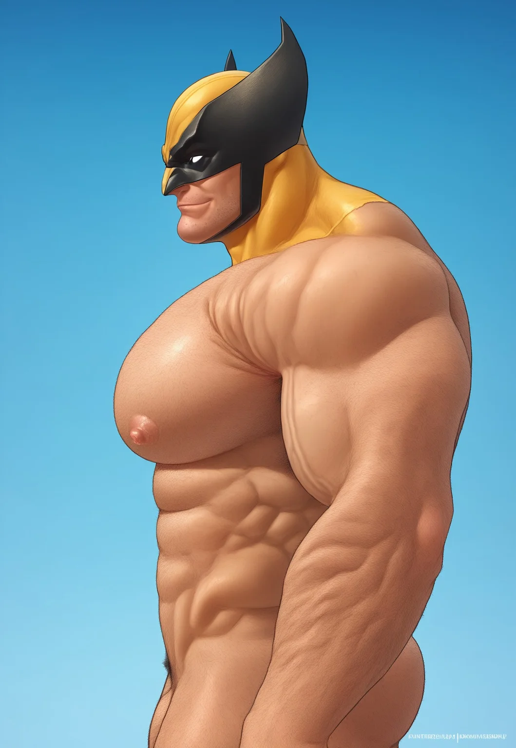 safe_pos, score_9, score_8_up, score_7_up, source_cartoon, solo, 1boy, x_wolverine, hero mask, stubble, nude, smile, muscular, bara, side view, portrait, face and pecs focus, hyper huge pecs, hyper huge nupples, portrait to the waist,