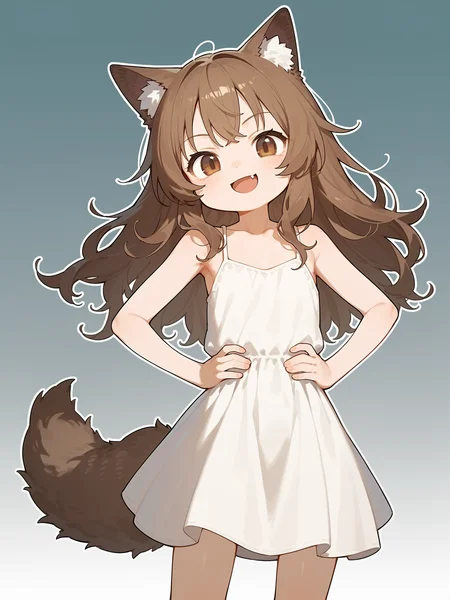 <lora:age_slider_v4:-4>, score_9, score_8_up, score_7_up, highly detailed, source_anime, 1girl, solo, flat chest, long hair, brown hair, brown eyes, sleeveless dress, white dress, wolf girl, fluffy tail, collarbone, barefoot, sidelocks, wavy hair, happy, :d, fang, white outline, gradient background, hands on own hips, smirk,