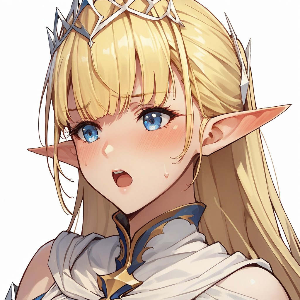 score_9,score_8_up,score_7_up  ,seras_ashrain, 1girl, blonde hair, blue eyes, solo, pointy ears, elf, long hair,   white background, bangs, breasts, simple background, tiara,  
blush, open mouth, sweatdrop ,