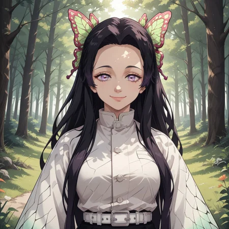 score_9, score_8, BREAK, solo, Kanae_Kochou_(Demon_Slayer), black hair, long hair, violet eyes, butterfly hair ornament, black shirt, white coat, wide sleeves, white belt, black pants, sandals, self portrait, smile, looking at viewer, outdoors, sunlight, shadows, evening lighting, natural lighting, forest, trees, grass, orange sky, sunset