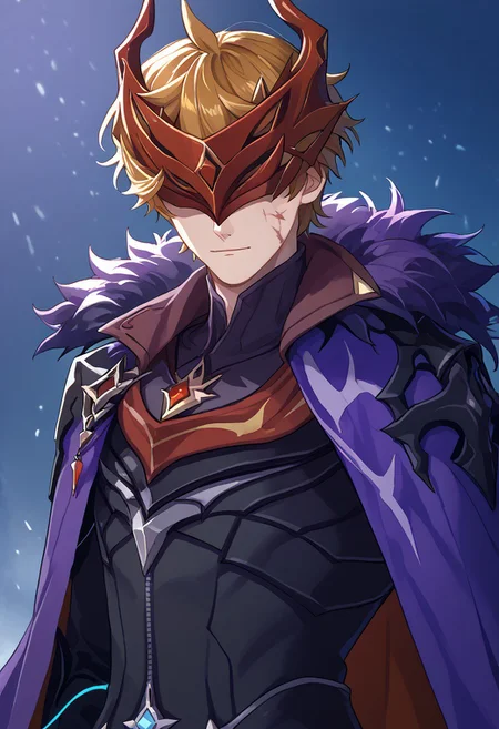 score_9, score_7_up, source_anime,
tartaglia, 1boy, male focus, solo, mask, red mask, armor, black armor, fur trim, cape, purple cape, mask on face, horns, covered face,
indoor, darkness,