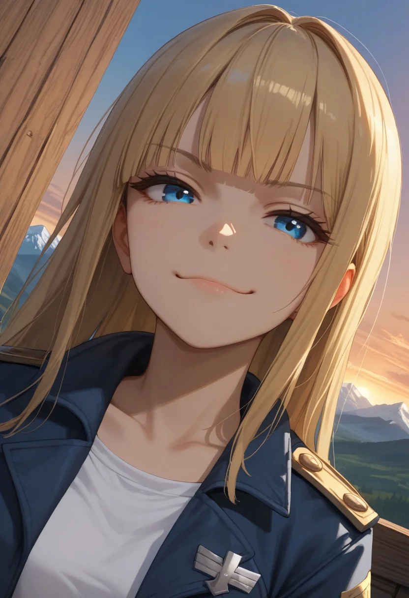 (score_9, score_8_up, score_7_up), 1girl, solo,( blonde hair), blue eyes, long hair, hime cut, long bangs, small breasts, collarbone, open jacket, white crop top, leather jacket, blue jacket, sunset, leaning on wall, wooden wall, from below,
( face focus, close-up:1.3), metal railguard, mountains,
fisheye, (relaxed, dutch angle:1.2),
( smug:1.1),