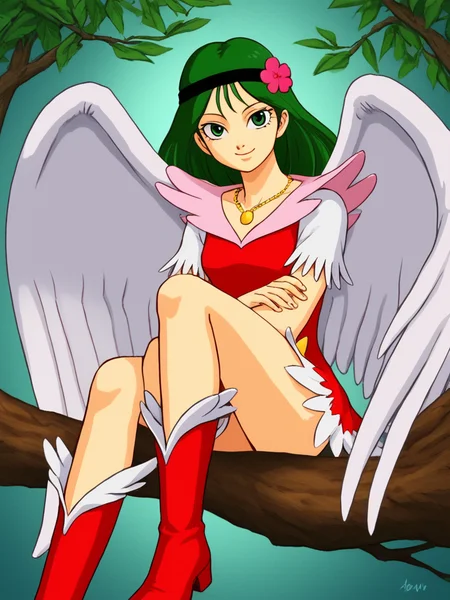 score_9, score_8_up, score_7_up, source_anime, 1girl, solo, <lora:Nazca_Pony:1> Nazca, green hair, long hair, green eyes, headband with flower, red dress with pink collar, white fringed shoulders, white fringed hem, necklace, gold emblem, wings, sitting, red boots, smile, narrow eyes, on a tree branch