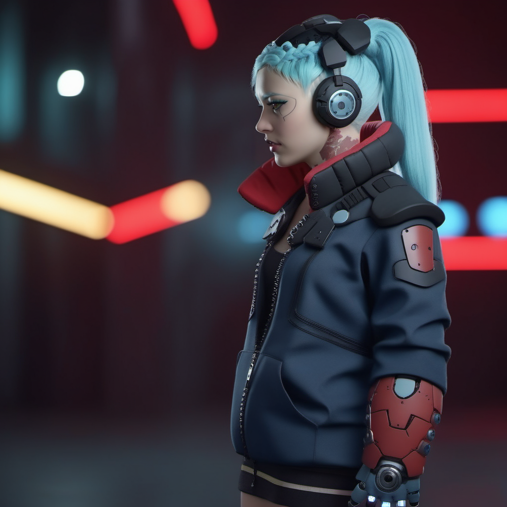 a woman, ligh blue hair, long pigtails, red tatttoos, wears a jacket, headphones, robotic big fists,  cyberpunk background, highly detailed, photography, ultra sharp, film, bokeh, professional, 64k <lora:Rebecca1024:0.8>