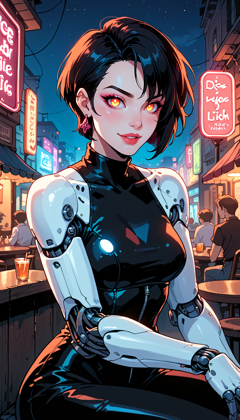 score_9, score_8_up, score_7_up, Western Comics, Portrait, mechanical girl, cute, seductive, innocent, light smile:0.3, plump lips, slender body, punk hair, short hair, (mechanical arms), black body, glowing led parts, ornaments detailed, sitting outside a pub, neon lights, bright colors, street night background, depth of field, dynamic angle, fashion photography, sharp, hyperdetailed:1.15
