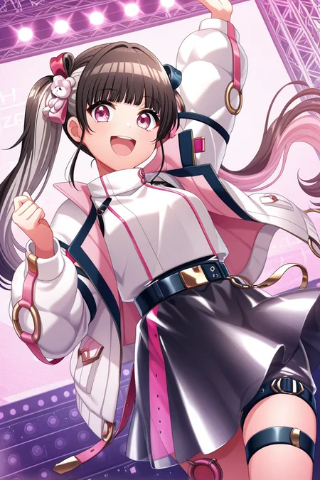 masterpiece, best quality, amazing quality,
<lora:Michiru_IL:1> michiru, 1girl, solo, jacket, skirt, twintails, long hair, smile, white jacket, multicolored hair, arm up, long sleeves, open clothes, open mouth, bangs, open jacket, pink eyes, thigh strap, looking at viewer, black skirt, belt, :d, shirt, white shirt, stage outfit