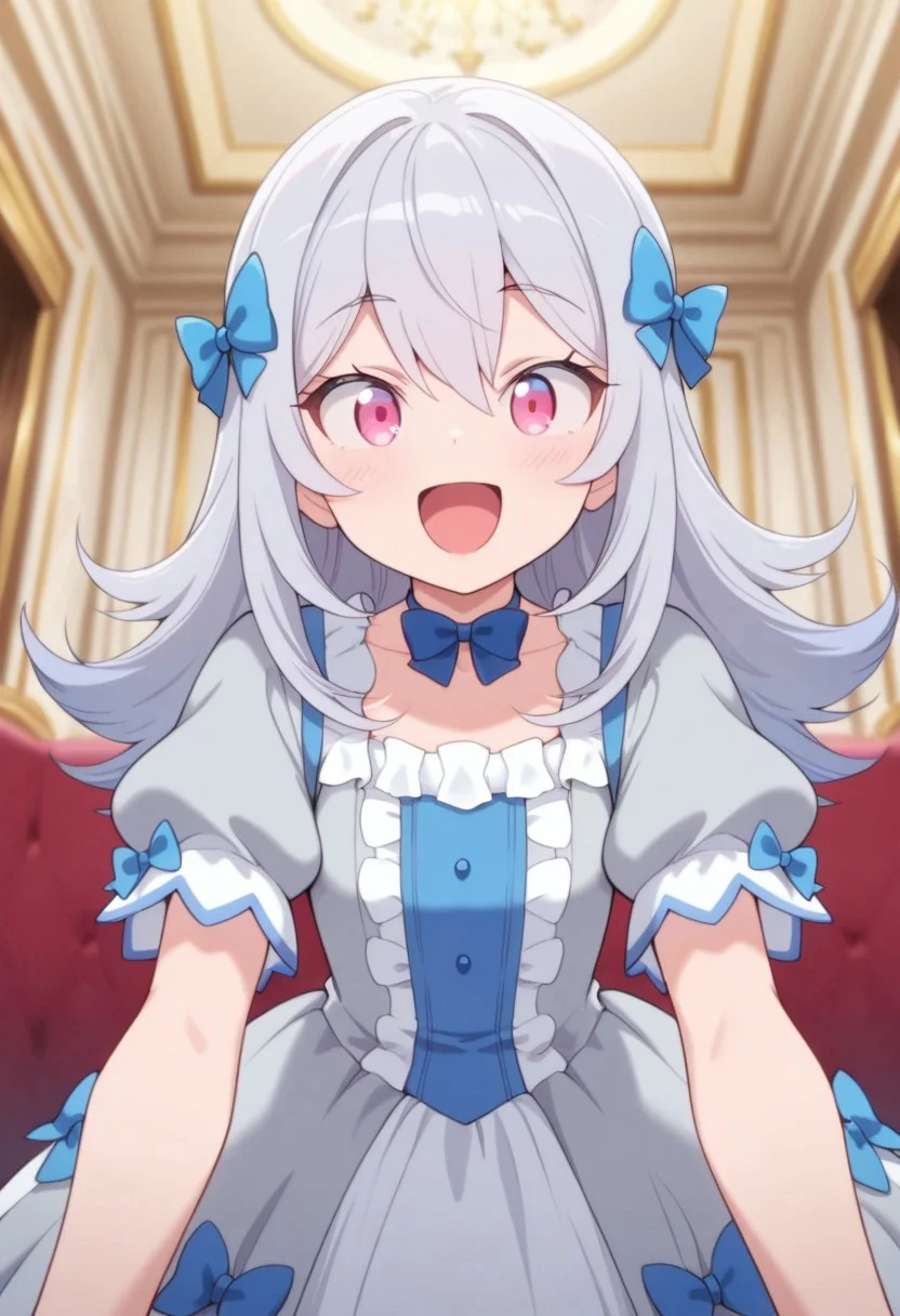masterpiece,best quality,amazing quality, reine von silford, blue-grey hair, long hair, pink eyes, 1girl, bow, solo, smile, blue bow, short sleeves, open mouth, hair bow, puffy sleeves, dress, puffy short sleeves, :d