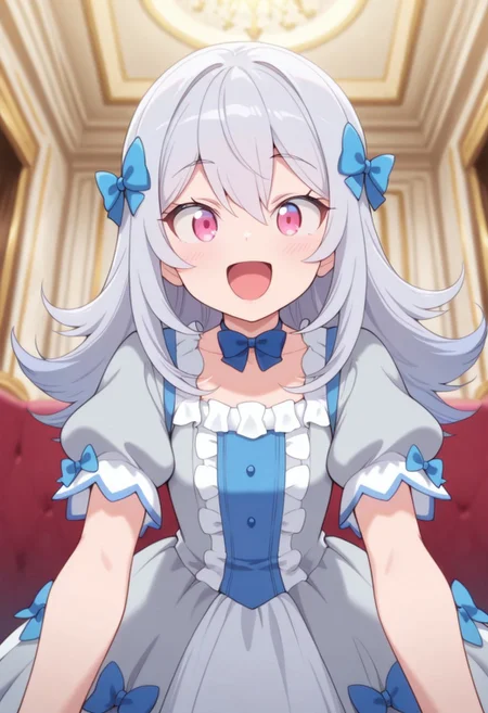 masterpiece,best quality,amazing quality, reine von silford, blue-grey hair, long hair, pink eyes, 1girl, bow, solo, smile, blue bow, short sleeves, open mouth, hair bow, puffy sleeves, dress, puffy short sleeves, :d