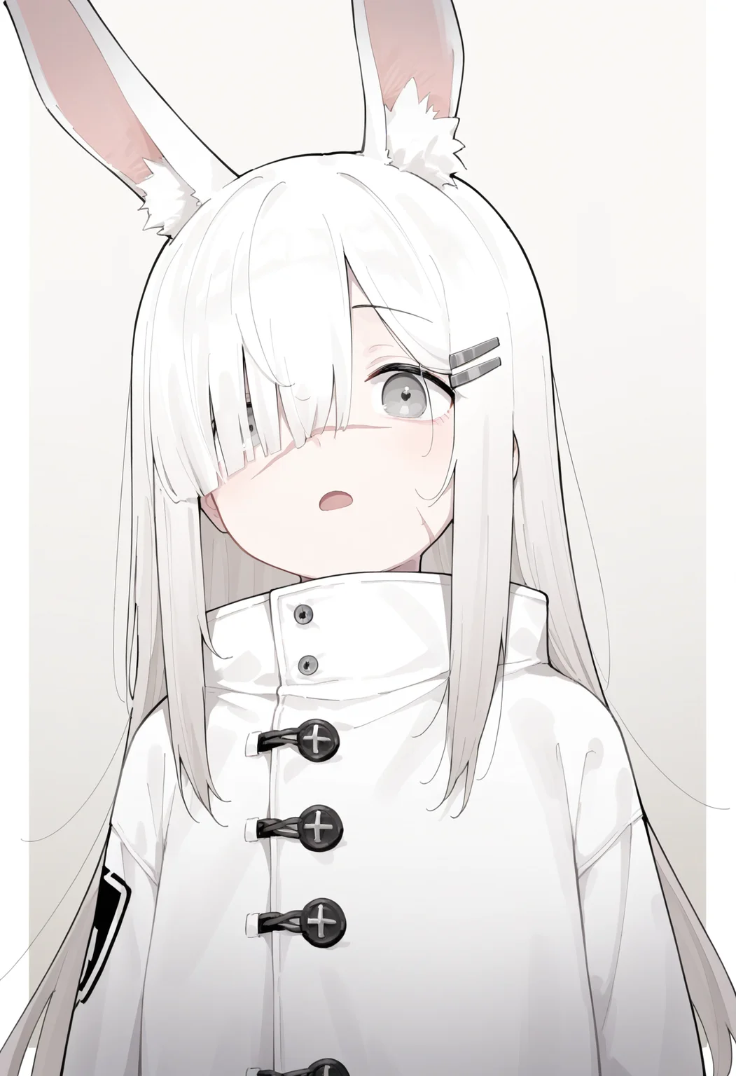 masterpiece,best quality,amazing quality,
1girl, animal ears, solo, long hair, scar on nose, rabbit ears, hair over one eye, hair ornament, scar, scar on face, open mouth, white hair, upper body, hairclip, looking at viewer, white coat, animal ear fluff, grey eyes,
 <lora:Healthyman_epoch_10:1>