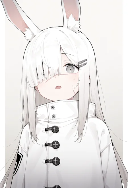masterpiece,best quality,amazing quality,
1girl, animal ears, solo, long hair, scar on nose, rabbit ears, hair over one eye, hair ornament, scar, scar on face, open mouth, white hair, upper body, hairclip, looking at viewer, white coat, animal ear fluff, grey eyes,
<lora:Healthyman_epoch_10:1>