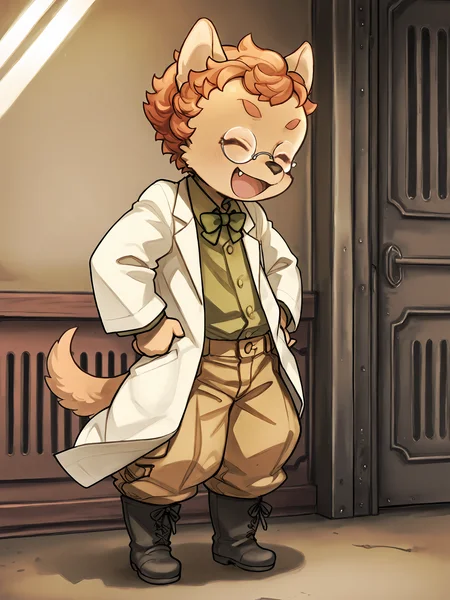 BREAK, <lora:Socks_Million_Illustrious_V1:1>, Socks Million, Fuga: Melodies of Steel, kemono, furry male, young male, 1boy, dog boy, cream fur, orange eyes, orange hair, black nose, animal ears, dog ears, pointy ears, dog tail,
BREAK, Fuga 2 Outift, black boots, khaki pants, green button-up, bowtie, labcoat, glasses,
BREAK, solo, inside, full body, standing, hands on hips, looking away, open mouth, proud, boasting, eyes closed, big smile