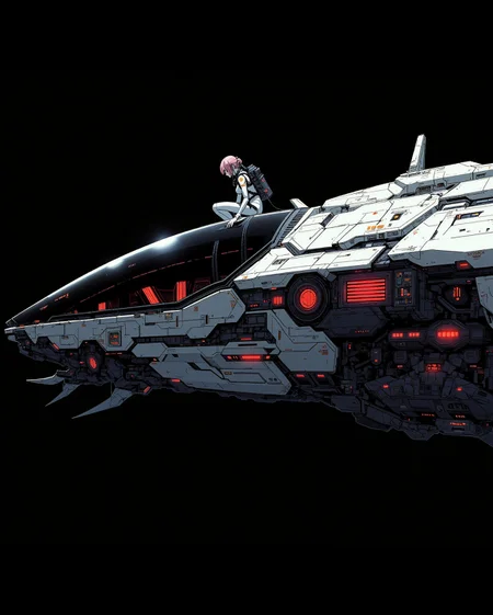 A digital anime artwork in the style of cklg, anime, hard science fiction, a sexy female pilot is inspecting her futuristic, highly advanced space ship seen from the side, with a big air inlet on the front. the vehicle has a silver color, the bottom of the vehicle is black and made out of sharp razor edge metal. the space ship is adorned with intricate, metallic details, and mechanical components, giving it a highly advanced, industrial military look. dark lighting, glowing, intense red light diods on the air inlet emit a menacing, otherworldly glow.