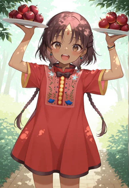 1girl, dark skin, brown hair, brown eyes, long hair, braid, low twin braids, jewelry, earrings, forehead mark, short dress, short sleeves, bowtie, floral print, arms up, holding plate, fruit, smile, open mouth, upper teeth only, outdoors, dappled sunlight, <lora:Asha_FGO:1>, masterpiece, best quality, amazing quality, very aesthetic, absurdres, highres, newest