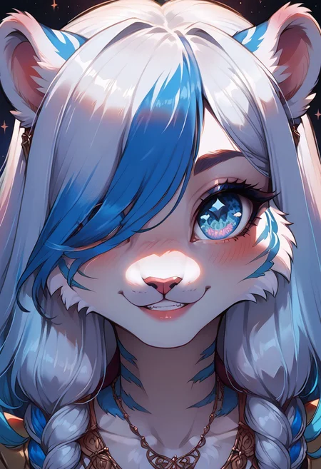 score_9, score_8_up, score_7_up, score_6_up, source_anime, girl, source_fantasy, highres, high quality, perfection, masterpiece, detailed, aesthetic, well-lighted,
face view, face shot, focus from the front, focus on the eyes, eye focus, eye focus, (face closeup:1.3), different angles alley
1girl, solo, furry female, anthro, furred body, fluffy fur, petite and delicate build, cute, sexy, hot, woman, beautiful, beautiful face, detailed face, perfect face, detailed anatomy,
(anthro white_tiger girl: 1.2), (white fur: 1.5), (blue tiger stripes:1.2),
beautiful girl, cute girl, petite girl, youthful, young, beautiful face, detailed face
long hair, (symmetric bangs), multi-colored hair, multicolored hairs, two-tone hair, white hair, blue hair, Hair over one Eye,
Symbol-shaped pupils, thick eyeliner, batting her eyelashes, perfect eyelashes, (perfect eyes:1.3, detailed eyes, amazing eyes, blue eyes, beautiful blue eyes)
(Concept) Eye Detail
glittering eyes, stars in the eyes, happy eyes,
cute looking, looking up to viewer, shy cute_pose, dynamic pose, ((masterpiece)), expresive face, embarrassed, full-face blush, ear blush
sweet smile, innocent smile, conceited, poses, wide grin, blushing
