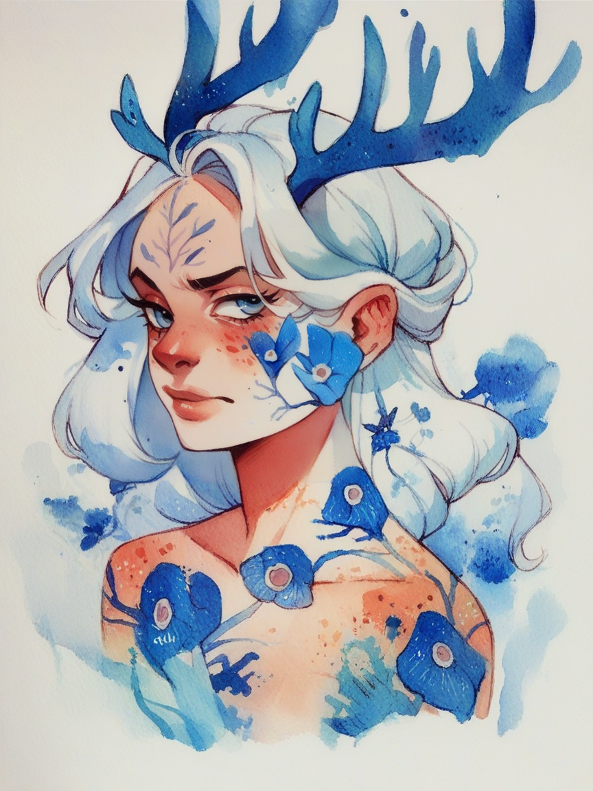 score_9, score_8_up, score_7_up, score_6_up, <lora:blu31nk:0.7> blu31nk, solo, 1girl, white hair, traditional media, watercolor, white background, white and blue, blue vines and floral, antlers,