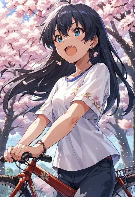 score_9, score_8_up, score_7_up, source_anime,ganaha hibiki, long hair, black hair, blue eyes, 1girl, bicycle, cherry blossoms, outdoors, tree, open mouth, day, jewelry, ground vehicle, earrings, fang, shirt