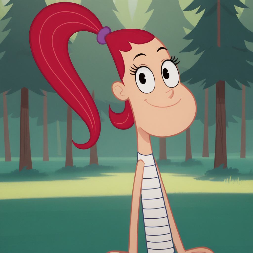 score_9_up, score_8_up, BREAK, skyegunderson, 1girl, solo, red hair, high ponytail, black eyes, white shirt, striped shirt, upper body,  <lora:SkyeGunderson_PXL_Leaf1:0.8>, looking at viewer, forest,