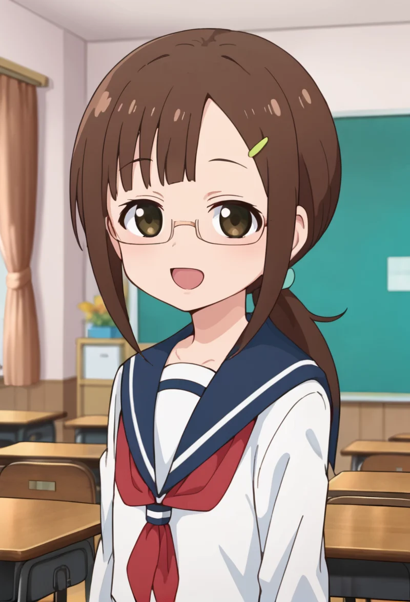 <lora:kotone:0.8> kotone, smile, serafuku, looking at viewer, smile, open mouth, classroom,