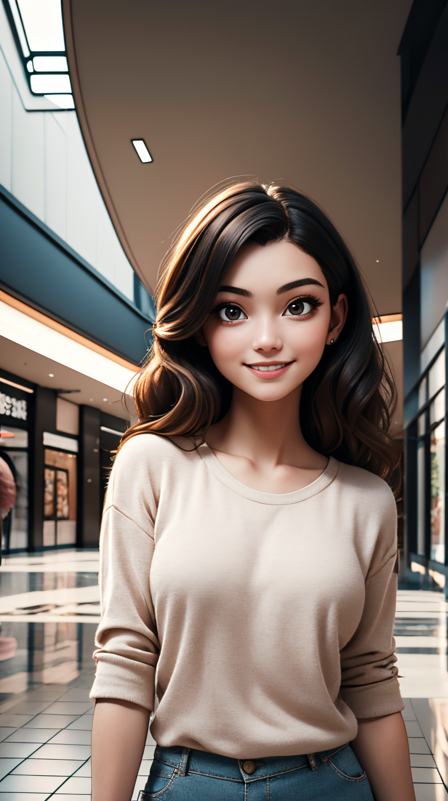 masterpiece, high detailed, high quality, portrait of 1girl in casual clothing, upper body, detailed face, smiling,  in front of empty mall scene,   <lora:ToonMall:1>