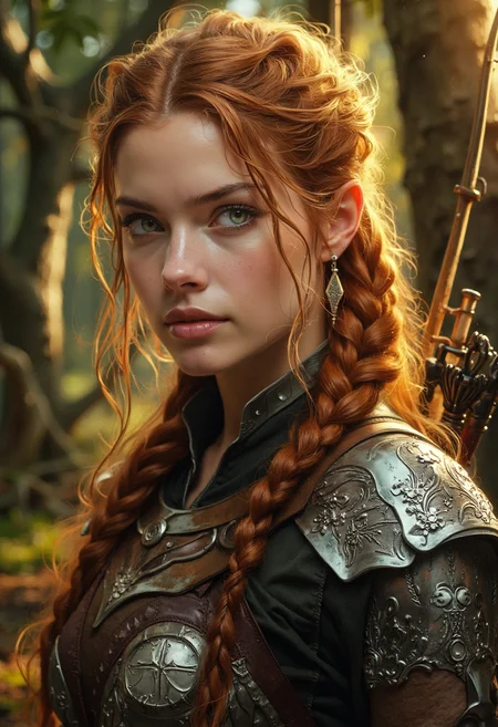 ultra realistic portrait of a beautiful young archer woman with long, flowing auburn hair tied back in intricate braids, wearing a leather armor suit adorned with silver elven markings. Her piercing green eyes are focused, narrowed in concentration. Behind her, the forest is bathed in golden twilight, its trees twisted and ancient, their leaves glowing softly as if enchanted. <lora:flux_realism_lora:0.8> <lora:fluxenhancer:0.2> <lora:Aura_Flux:0.3>