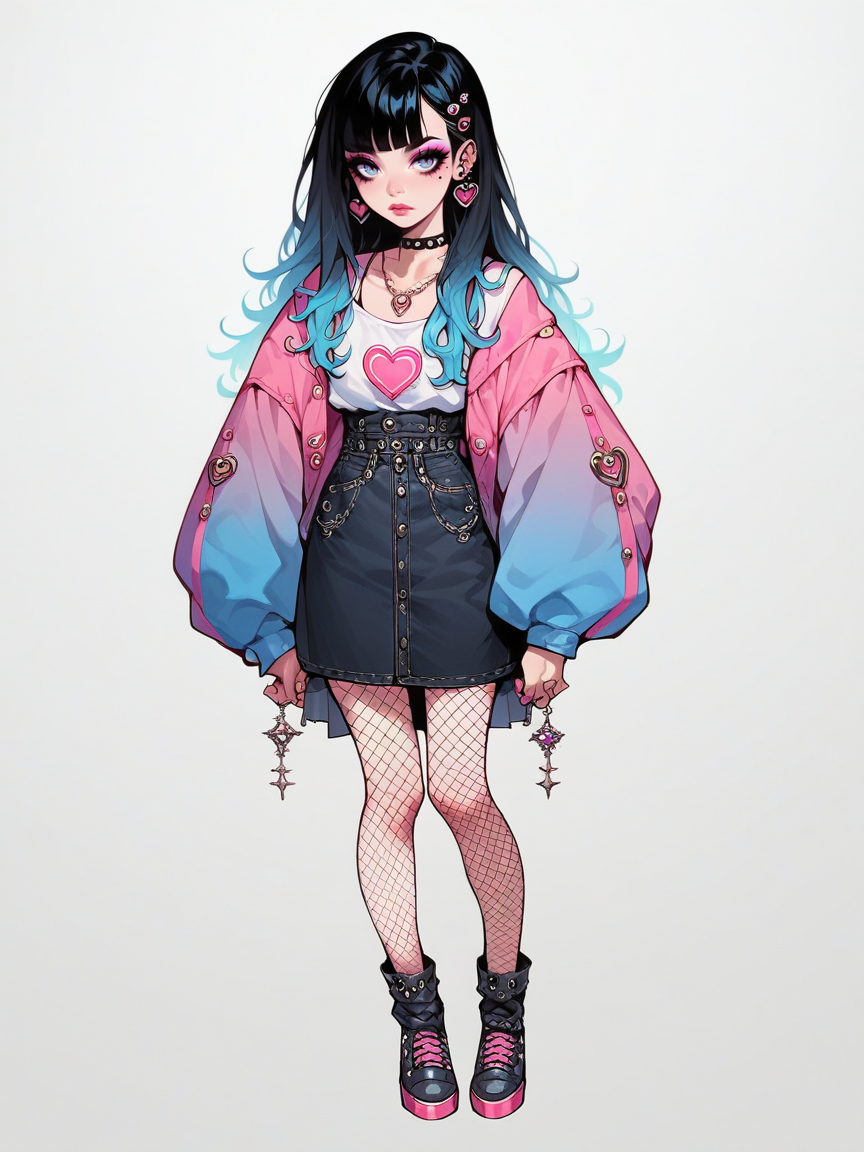 source_anime, score_9, score_8_up, score_7_up, score_6_up, score_5_up, <lora:egirlXLP:0.8> egirl, 1girl, solo, makeup, black hair, gradient hair, ear piercing, eyeshadow, fishnet pantyhose, full body, blue, pink, white
