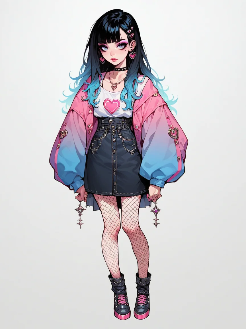source_anime, score_9, score_8_up, score_7_up, score_6_up, score_5_up, <lora:egirlXLP:0.8> egirl, 1girl, solo, makeup, black hair, gradient hair, ear piercing, eyeshadow, fishnet pantyhose, full body, blue, pink, white