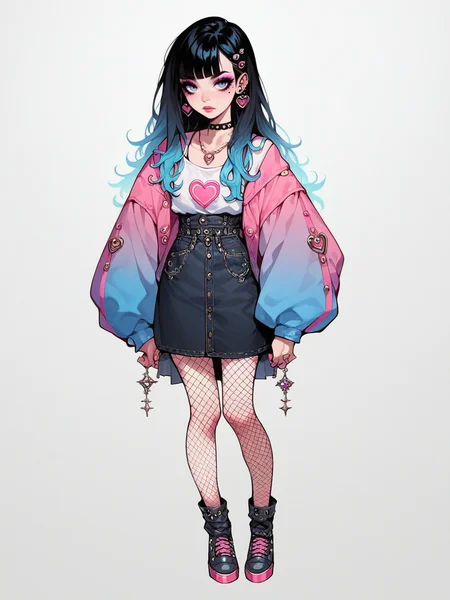 source_anime, score_9, score_8_up, score_7_up, score_6_up, score_5_up, <lora:egirlXLP:0.8> egirl, 1girl, solo, makeup, black hair, gradient hair, ear piercing, eyeshadow, fishnet pantyhose, full body, blue, pink, white