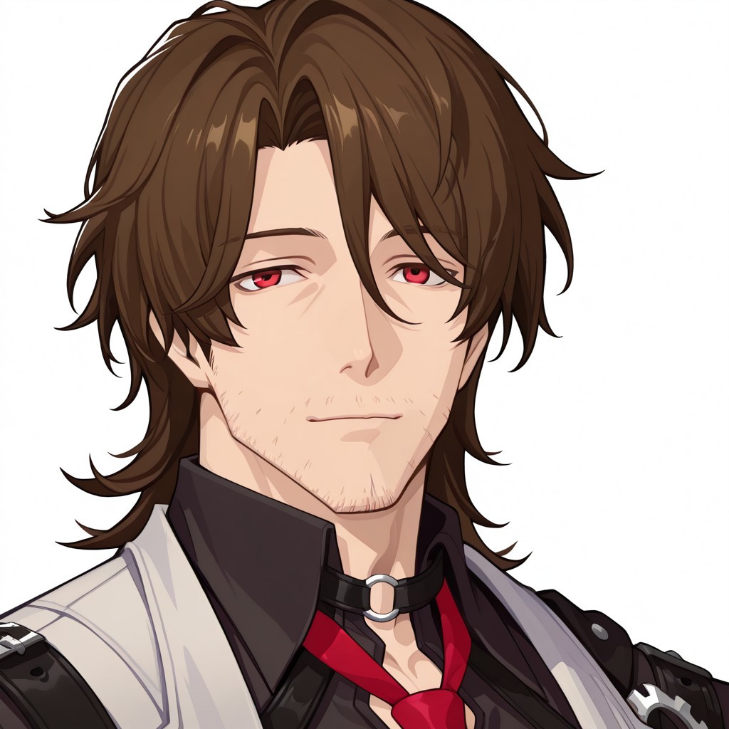 gallahon, 1boy, male focus, solo, red eyes, brown hair, bangs, stubble, shirt, black shirt, collared shirt, necktie, red necktie, face focus, perfect face, muscular, p3reloadportraits, portrait, white background, looking at viewer, soft smile