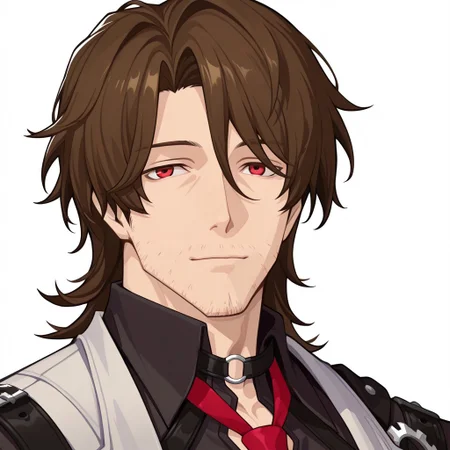 gallahon, 1boy, male focus, solo, red eyes, brown hair, bangs, stubble, shirt, black shirt, collared shirt, necktie, red necktie, face focus, perfect face, muscular, p3reloadportraits, portrait, white background, looking at viewer, soft smile