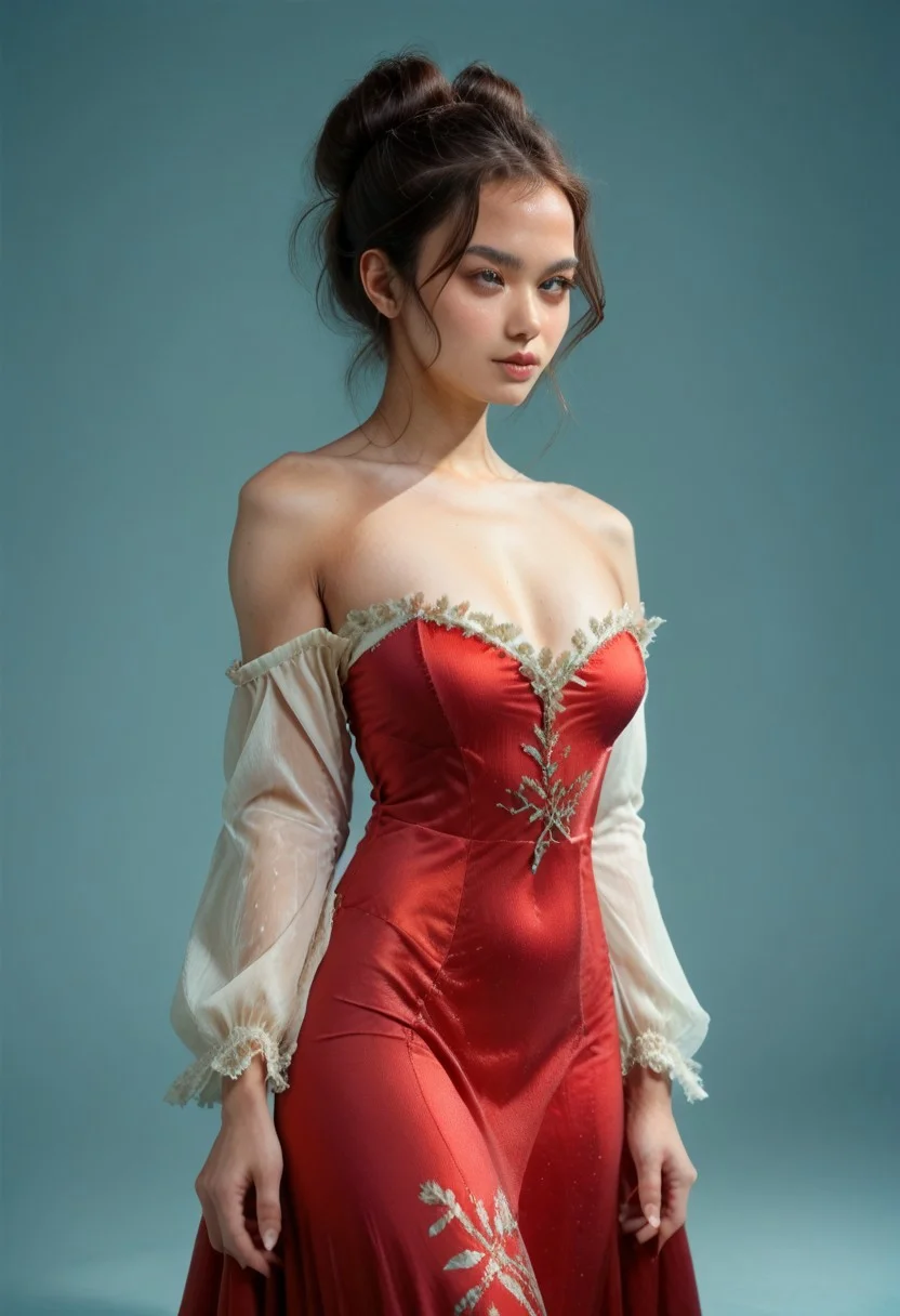 score_9, score_8_up, score_7_up, red kebaya dress (long dress, skin tight, strapless, off shoulder, luxurious design),
pureerosface_v1, JDMAI_KEBAYA, JDMAI_ARIEL_SARI,
(dynamic lighting), (dynamic shadow), 4k, HD, Hi res, cinematic masterpiece, photographic masterpieces, epiCPhoto,
Neat hair bun, professional makeup, side view,
Portrait, upper body, alluring pose, confident facial expression,
(simple turquoise background), (blurry background), (sharp focus on object),
