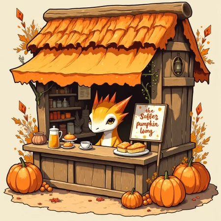 Ilustración digital en estilo kawaii y cozy, con una cabañita de café hecha de madera rústica rodeada de hojas otoñales y calabazas. La escena incluye un personaje adorable tipo criatura fantástica, con orejas esponjosas y alas pequeñas, sirviendo café y dulces en un puesto decorado con luces suaves y detalles mágicos. La atmósfera es cálida y acogedora, con una paleta de colores otoñales en tonos marrones, naranjas y amarillos pastel. Los postres como muffins y tartas están dispuestos de manera atractiva, y hay un letrero de madera con texto escrito a mano que anuncia especialidades como 'pumpkin pie' y 'pumpkin latte'. El estilo es detallado pero suave, con líneas redondeadas y texturas que evocan un cuento ilustrado.