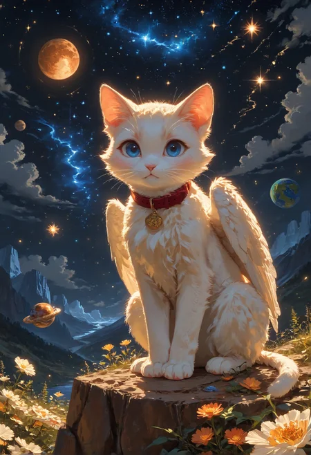 detailed background,Cinematic Lighting,film grain,score_9,score_8_up,score_7_up,zPDXL2,masterpiece,best quality,highly detailed,glowing,hand person,Expressiveh, <lora:(增强)sdxl_lightning_8step_lora:1>,<lora:glowneon_xl_v1:1>, <lora:(增强)Hands XL 4:1>,<lora:(增强)Expressive_H-000001:0.8>, <lora:Vixon\Vixon's Pony Styles Astro:0.8> , looking at viewer, blue eyes, jewelry, wings, sky, collar, no humans, animal, cat, star \(sky\), feathered wings, starry sky, angel wings, white wings, space, animal focus, planet, earth \(planet\), 4str0,