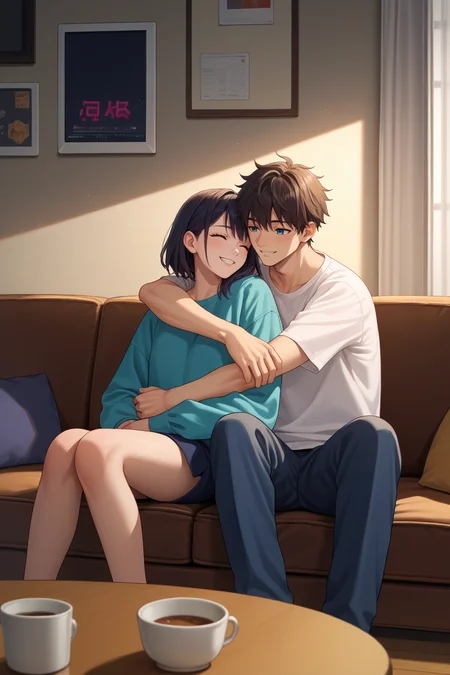 score_9, score_7_up, source_anime, smile, 1boy, 1girl, couple, hug, sitting, indoors, on couch, dark room
